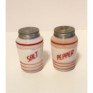 Hazel Atlas Milk Glass Salt Pepper Shakers Collectible Red Striped Retro Vintage